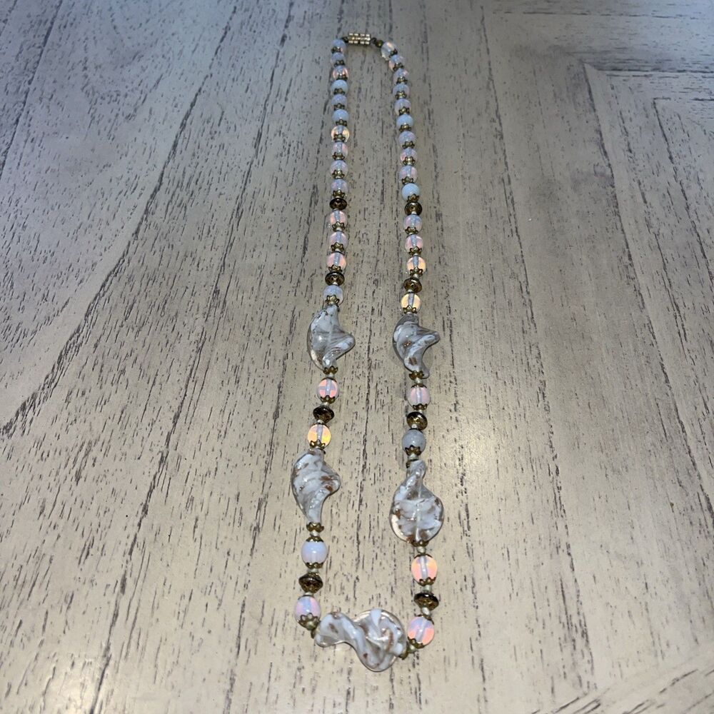 Vintage 24” Murano Glass White & Gold Beaded  Hand Knotted Italy Necklace